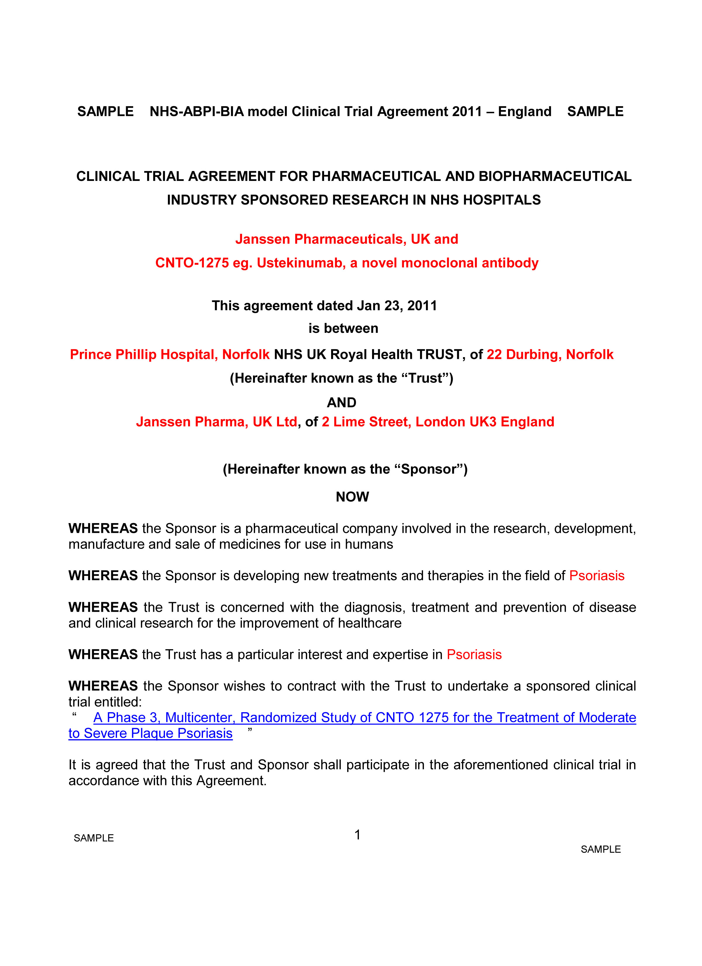 Sample clinical trial agreement between Janssen biologic and Britain for clinical trial of Stelara, CNTO-1275 with adverse event compensation wording and agreement.